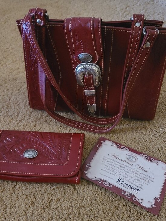 American West Handbags - American West Hand Tooled Red Leather Satchel Shoulder Bag & Wallet Set